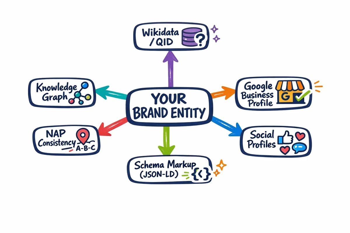 Brand entity building isn't one task — it's six spokes on the same wheel, and the AI only trusts the wheel if all spokes are there.
