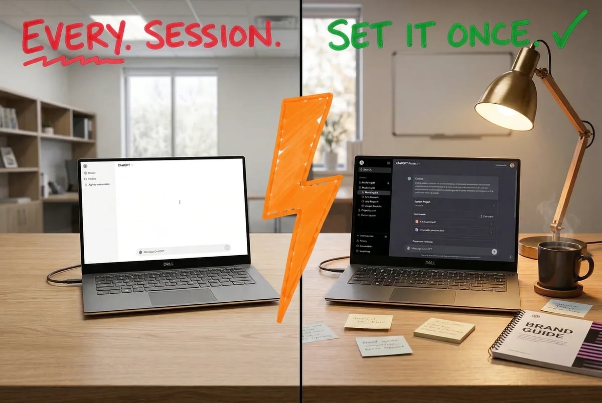 Left: starting from zero, again. Right: the 45-minute setup that ends that forever.