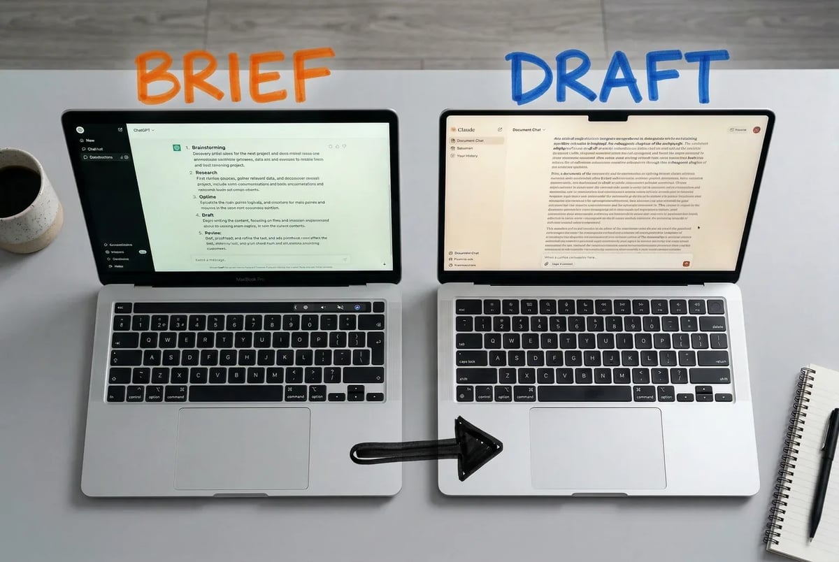The Phase 2 workflow in two screens: ChatGPT builds the brief, Claude builds the draft.