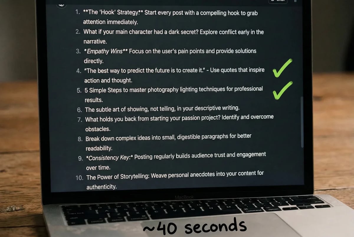 Ten LinkedIn posts from one prompt — the checkmarks are the only editorial work left.