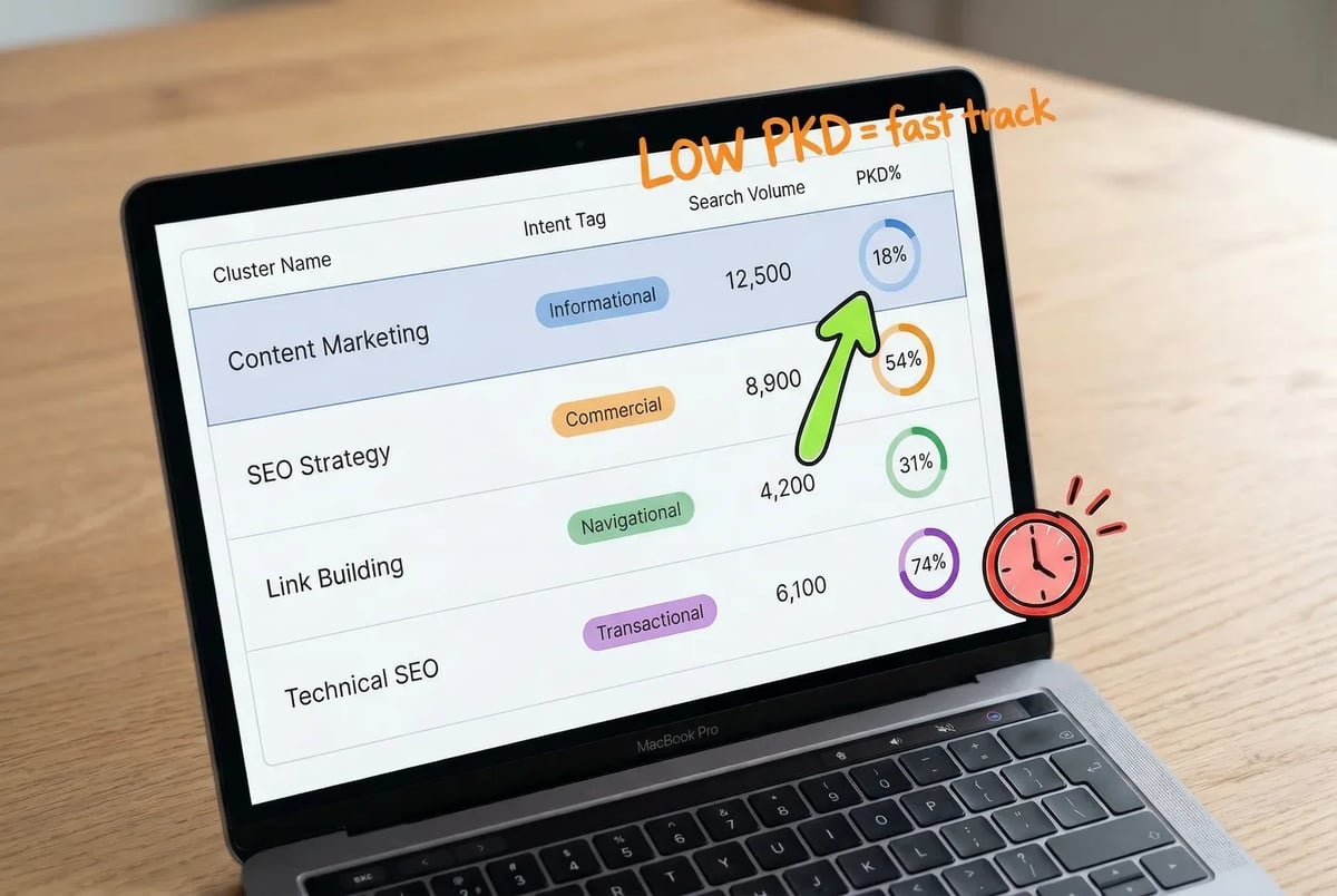 Semrush's Keyword Strategy Builder clusters keywords by intent and SERP overlap, outputting a table that doubles as a prioritized content calendar.