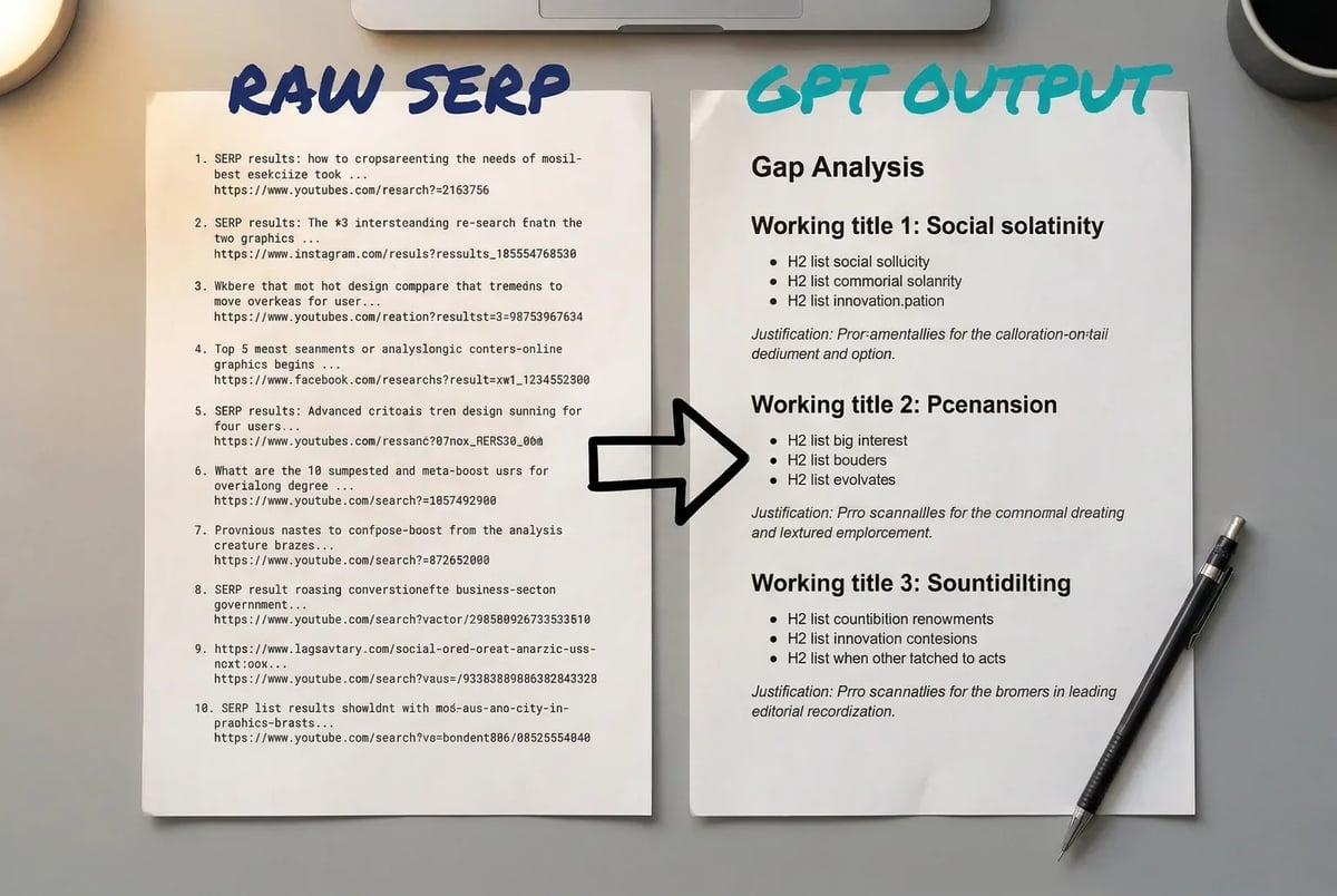 A structured GPT prompt turns a raw list of SERP results into a gap analysis with working titles, H2 structures, and ranking justifications in minutes.