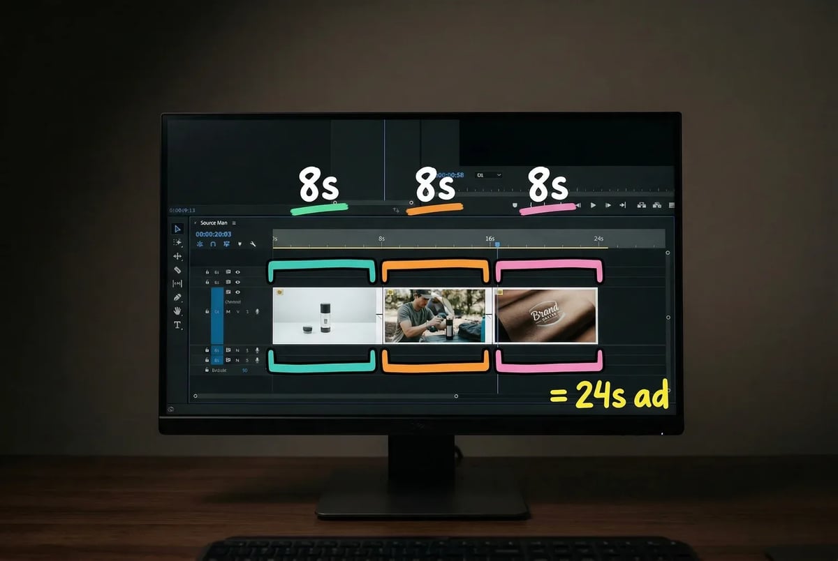 Three 8-second Veo clips chained via scene extension equal one 24-second social ad unit — no post-production stitching required.