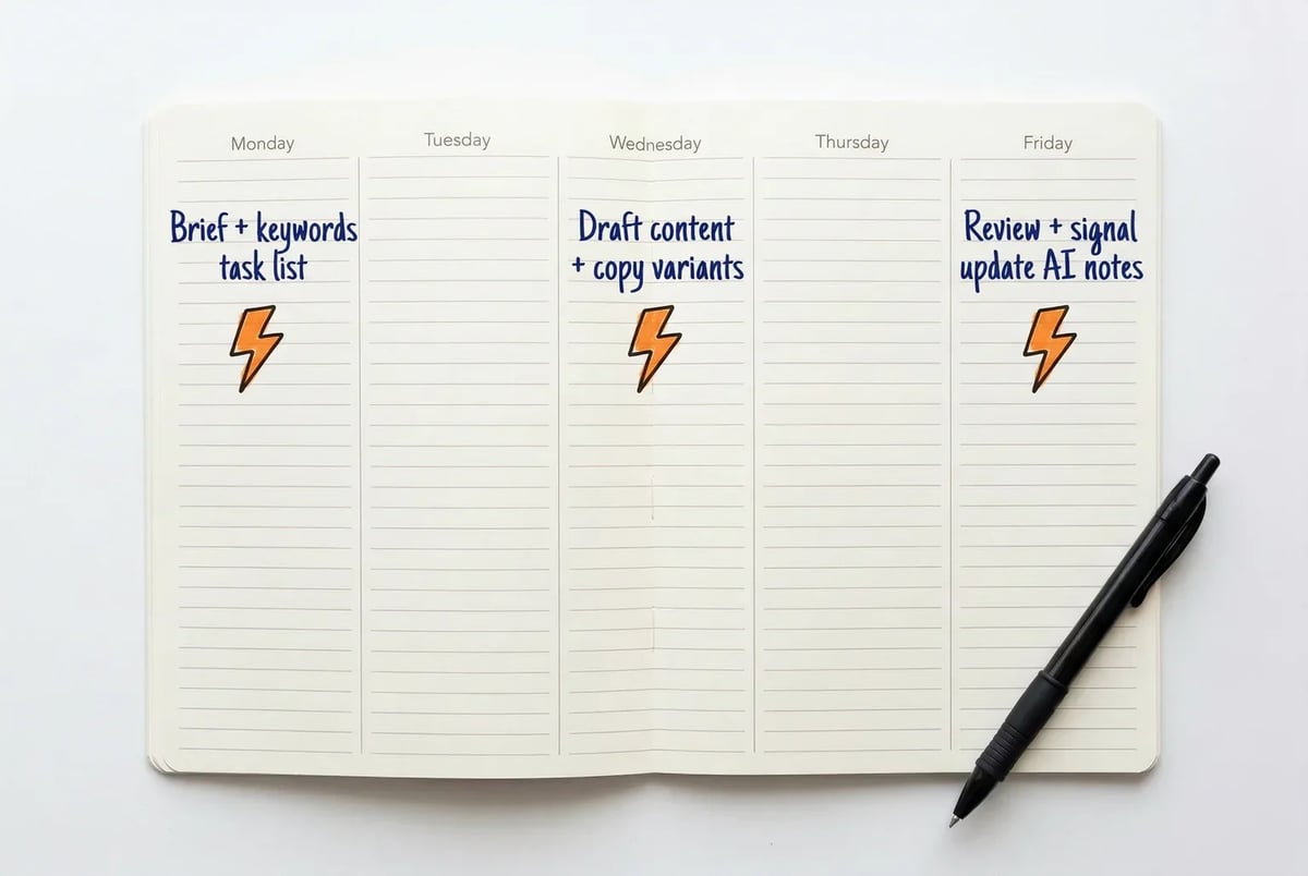 The five phases collapse into a three-beat weekly rhythm: plan on Monday, execute mid-week, review on Friday.