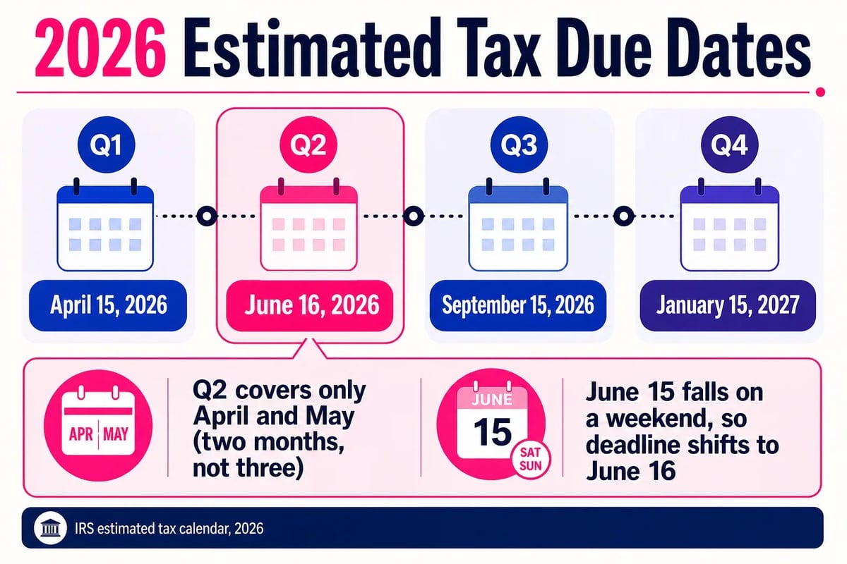 Q2 estimated taxes are due June 16 and cover only two months of income, a quirk that trips up clients every year.