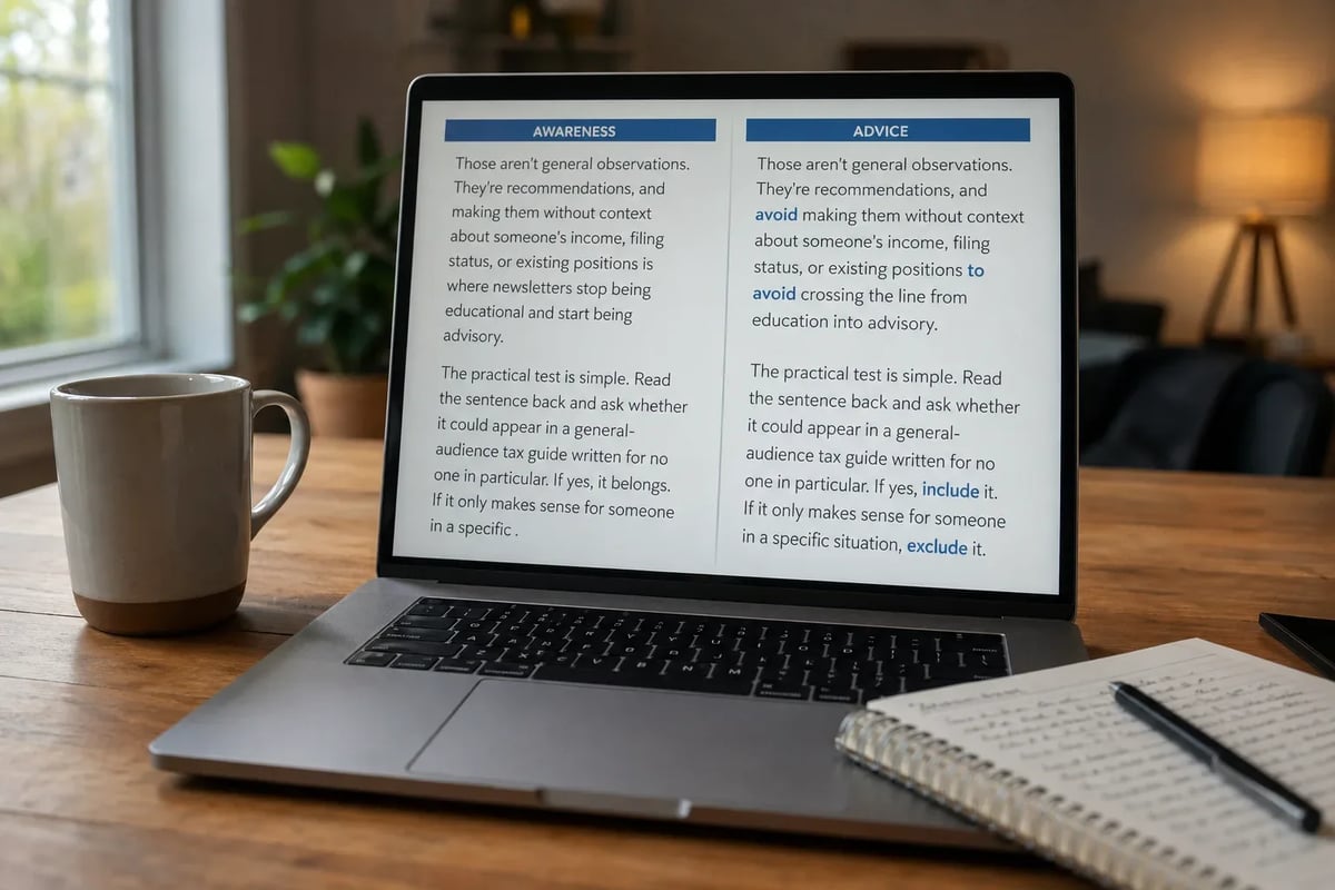 They're recommendations, and making them without context about someone's income, filing status, or existing positions is where newsletters stop being educational and start being advisory.