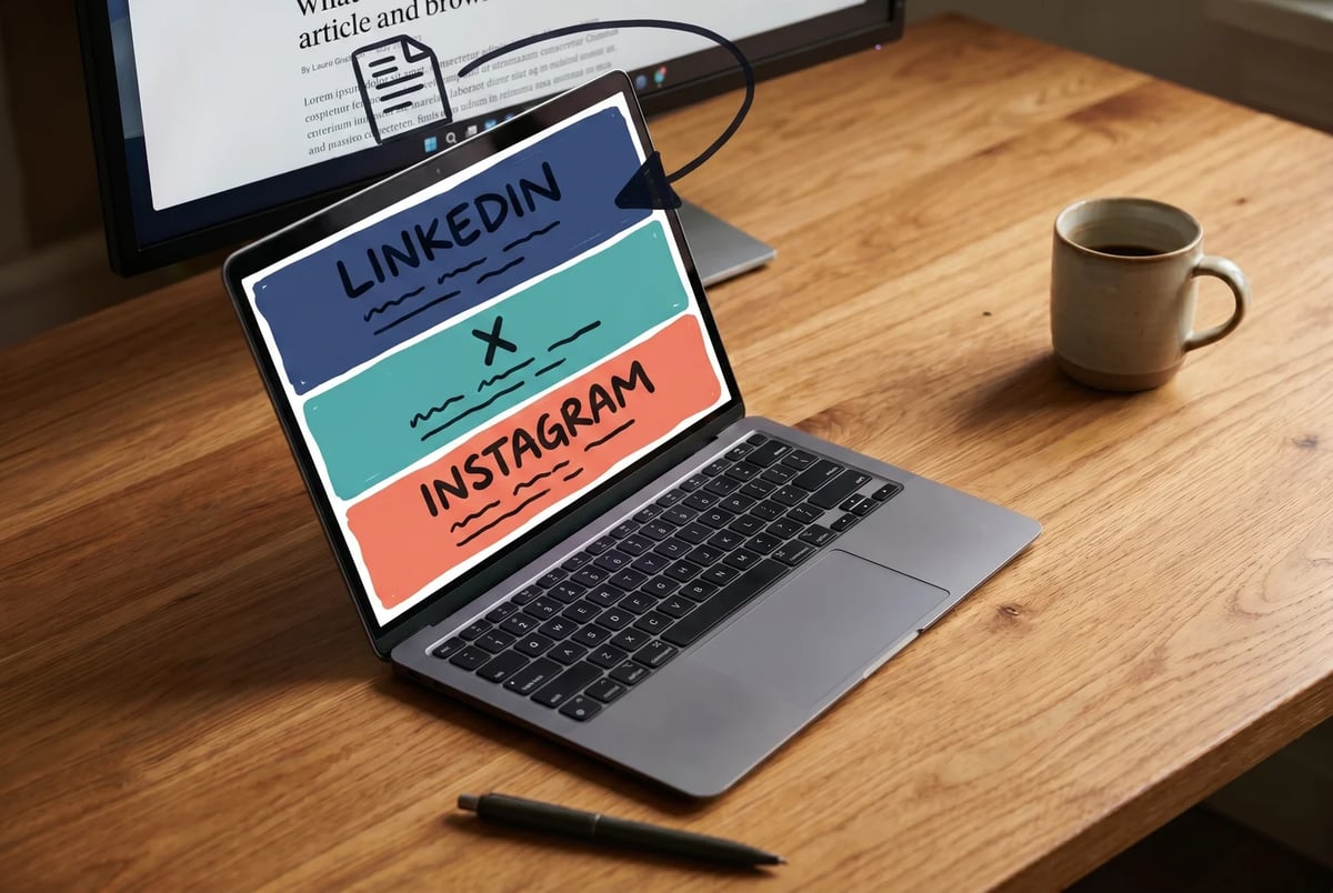 One source article feeds three labeled draft zones in a single session, so the week's content exists before editing begins. One source article feeds three labeled draft zones in a single session, so the week's content exists before editing begins.