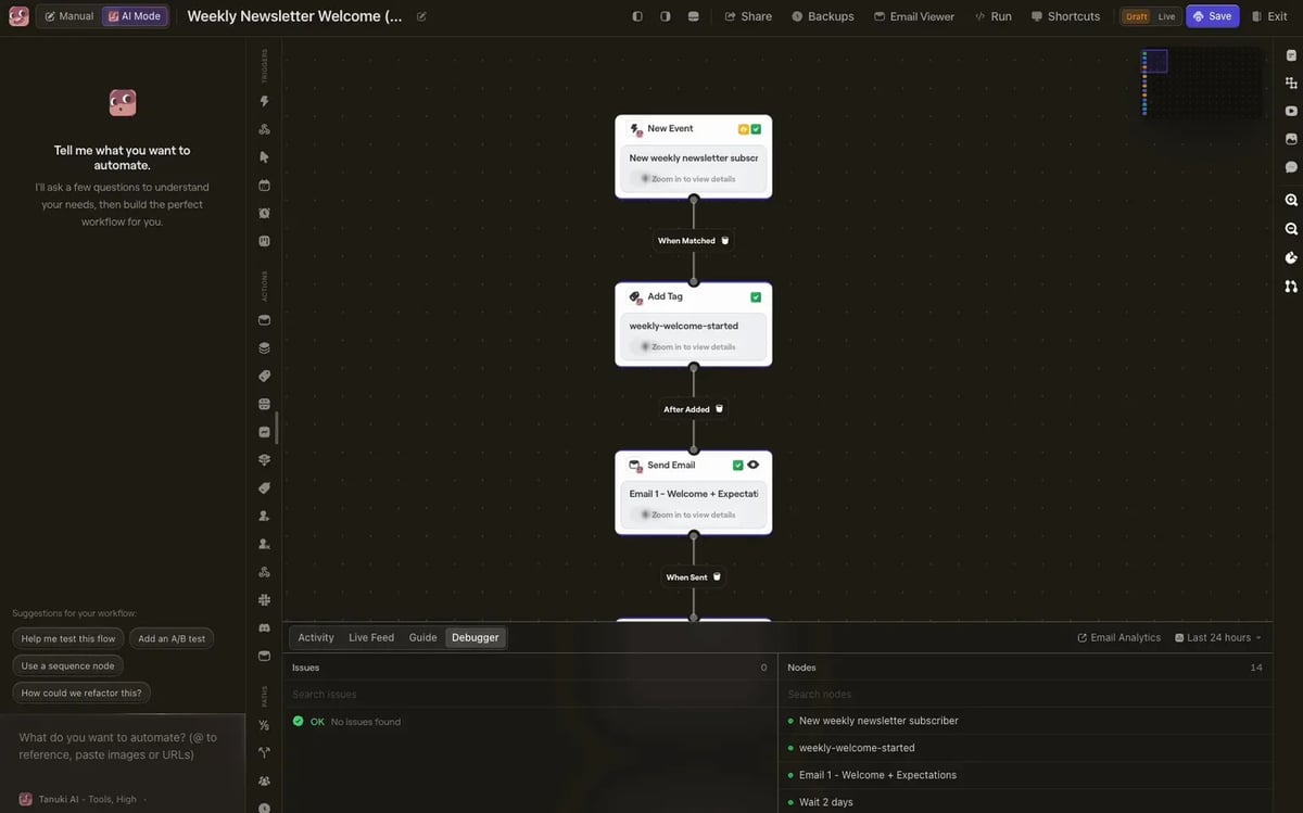 The welcome-sequence Flow Tanuki built, all 14 steps on the canvas The welcome-sequence Flow Tanuki built, all 14 steps on the canvas