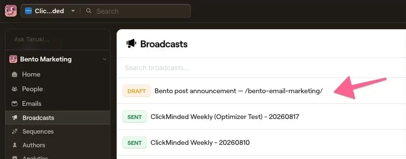 The announcement broadcast for this post, drafted by Claude directly inside Bento The announcement broadcast for this post, drafted by Claude directly inside Bento