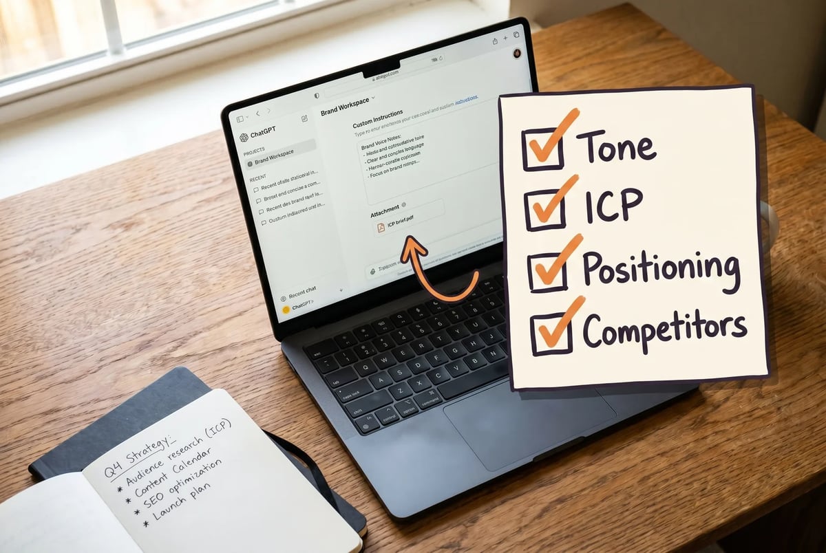 A ChatGPT Projects panel with brand context pre-loaded: the four inputs that turn generic output into on-brand copy. A ChatGPT Projects panel with brand context pre-loaded: the four inputs that turn generic output into on-brand copy.
