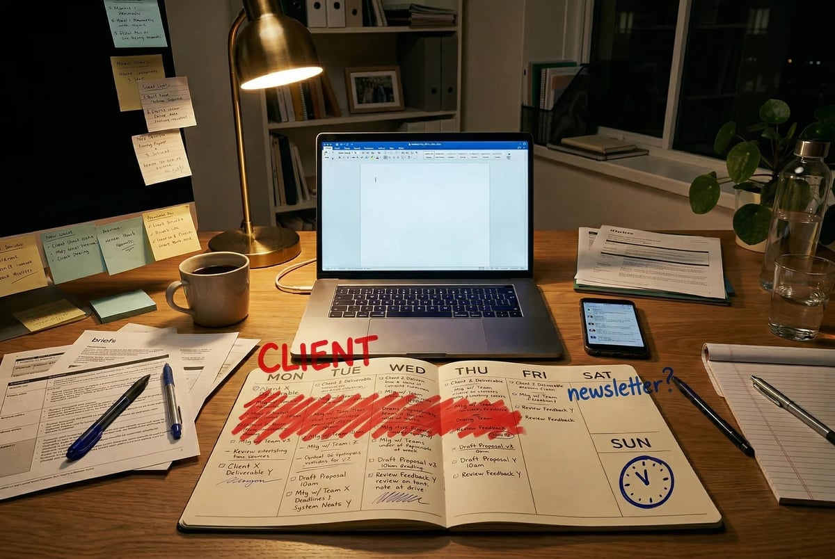 When client work owns Monday through Friday, the newsletter lives in the Saturday question mark.