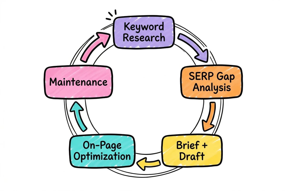 Step 5 does not end the workflow. It restarts it, feeding fresh keyword gaps back into research and keeping the cycle moving.