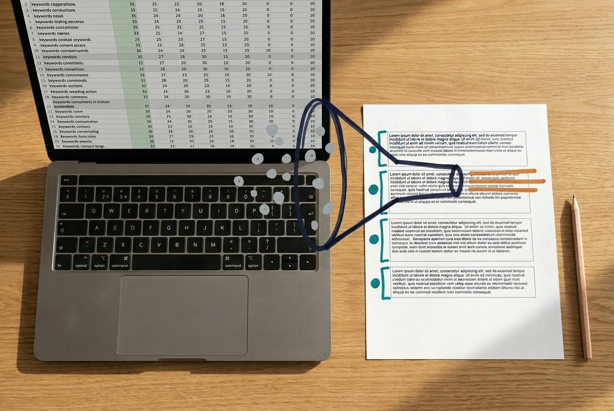 A keyword export feeds the funnel on the left; an interpreted gap analysis with intent clusters comes out on the right.