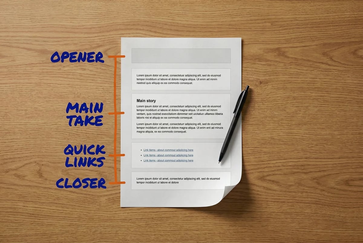 Every section of the newsletter has a job — here's how they stack up from opener to closer.