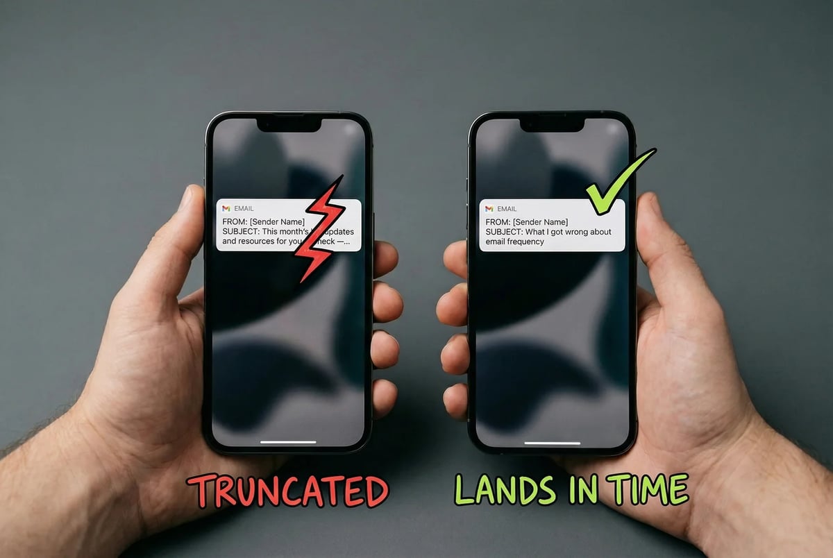 The left phone's subject line dies mid-word; the right one lands its entire point before the cutoff.
