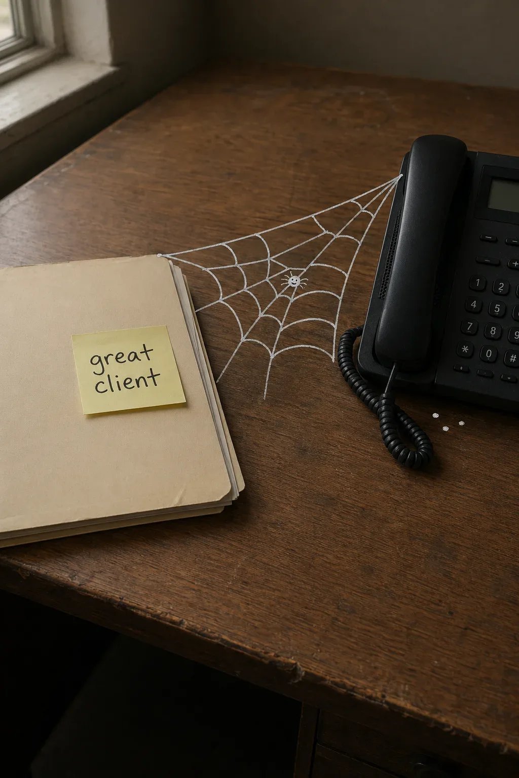 A 'great client' file sits untouched beside a silent phone, illustrating how good relationships quietly expire when no one reaches out.