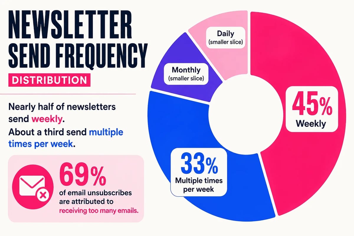 Roughly 45% of newsletters send once a week, and about 33% send multiple times per week.