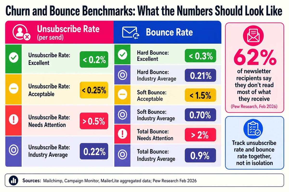 Unsubscribe rate and bounce rate tell you whether your list is healthy: tracking them side by side against these thresholds shows whether you have an audience or just a number.