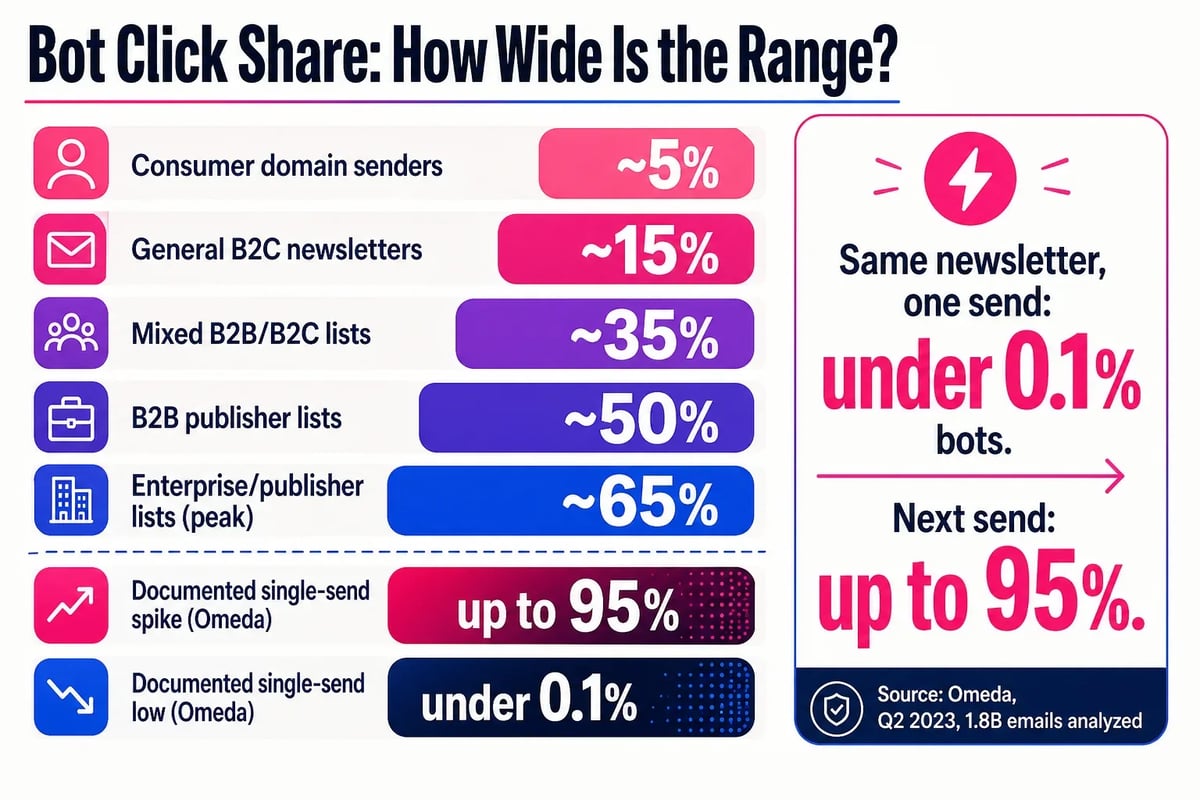 Bot click share does not sit at a fixed industry average: it swings from under 0.1% to nearly 95% on the same newsletter depending on the send, making any raw CTR benchmark a moving target.