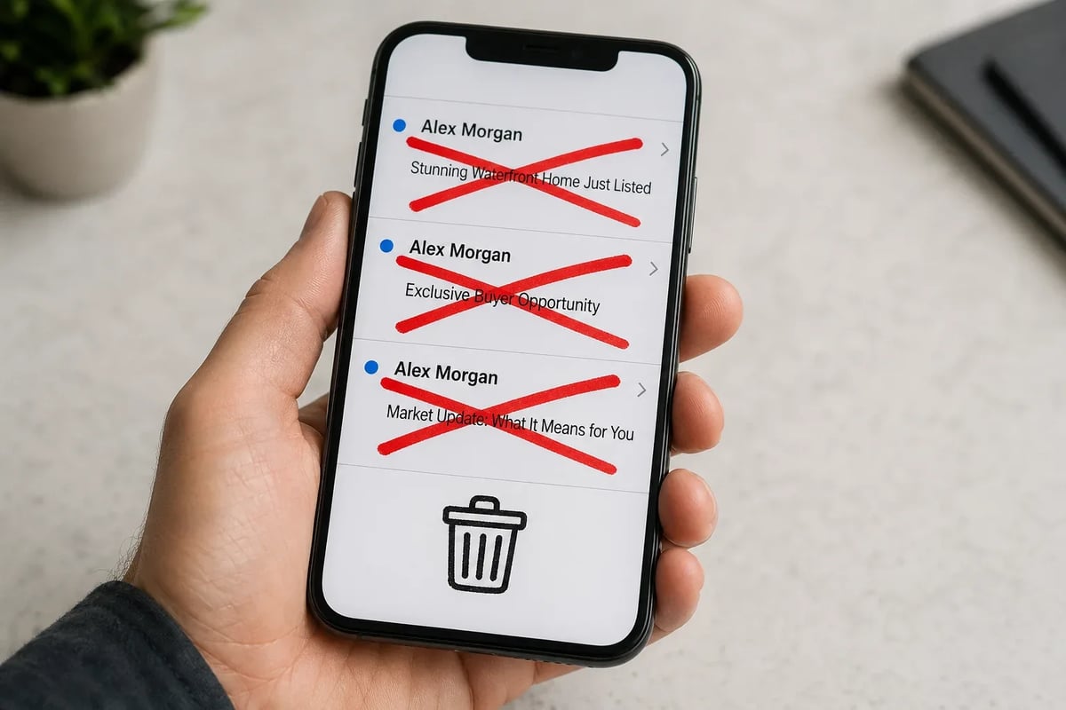 Three different formats, three unread dots, one outcome: the X lands before the email even gets opened.
