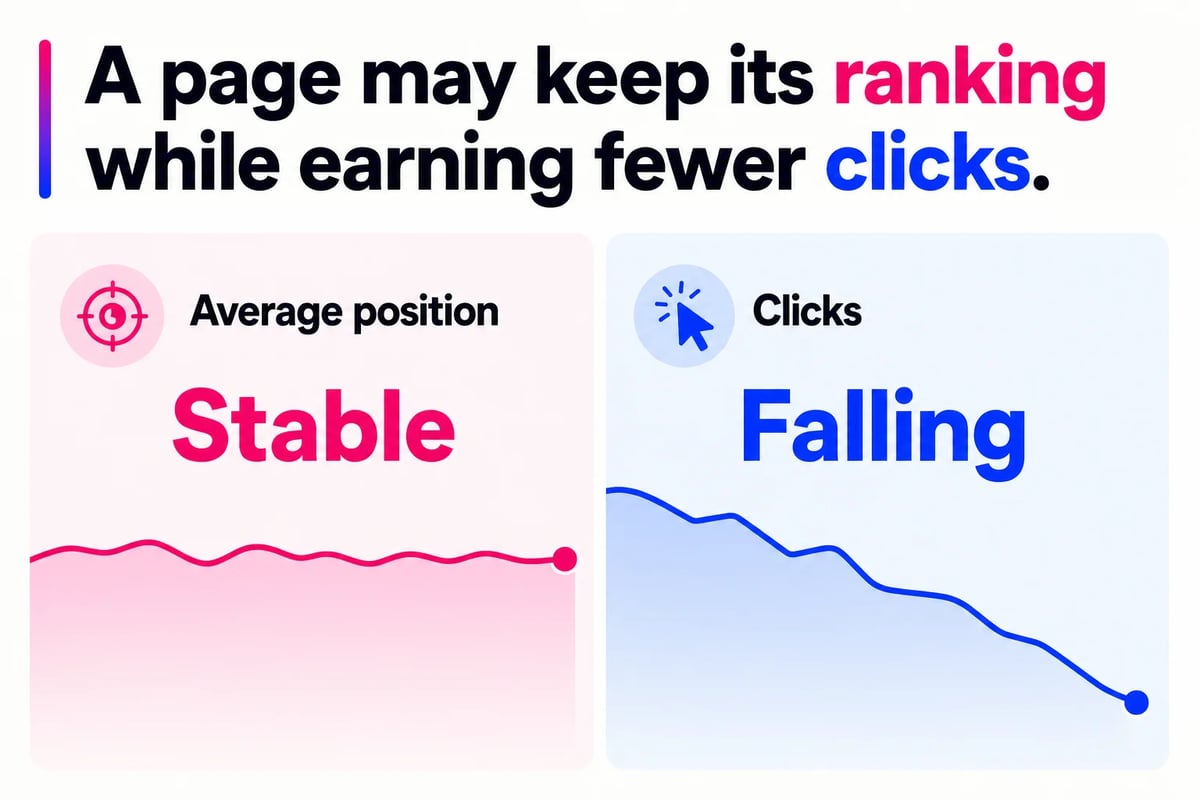 Stable rankings can coexist with falling clicks, which is a channel shift rather than proof that search visibility has vanished. Stable rankings can coexist with falling clicks, which is a channel shift rather than proof that search visibility has vanished.
