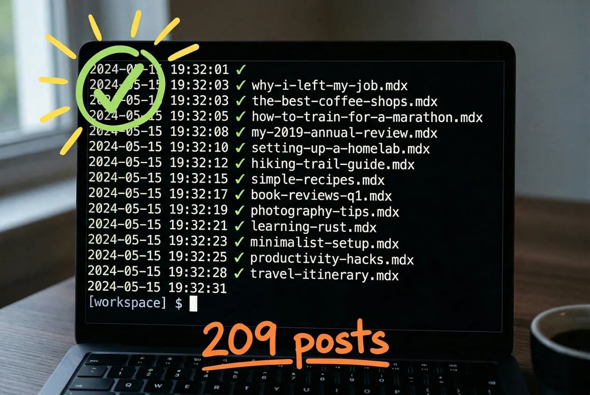 A terminal full of tidy .mdx filenames is the finish line for Step 4 — messy WordPress XML in, clean Markdown out.