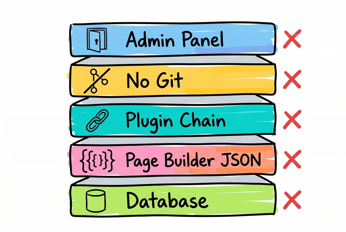 Five layers of a WordPress stack — and five reasons an AI agent hits a wall.