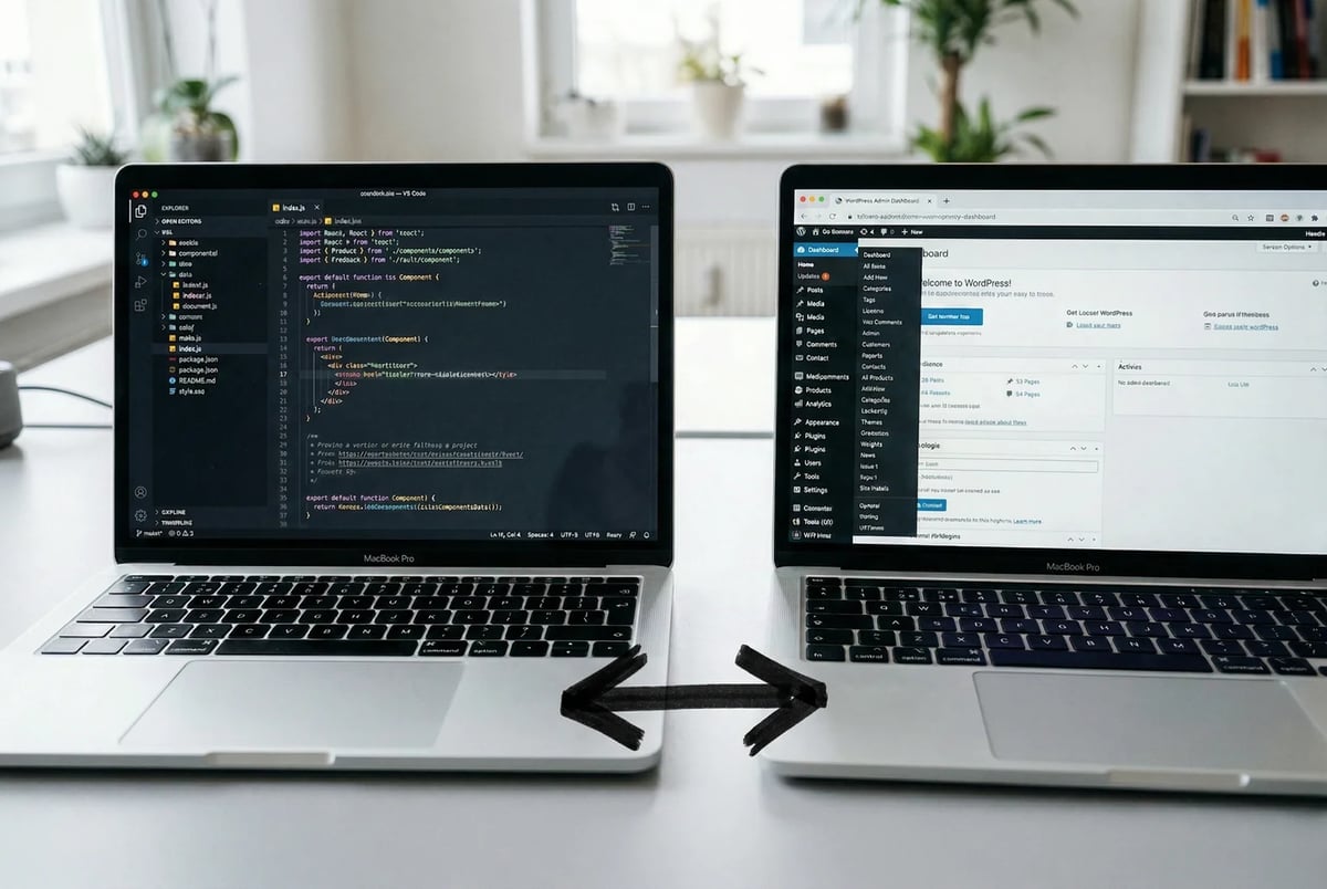 A tidy file tree versus a WordPress sidebar that goes on forever — one of these is readable by an AI agent without a map.