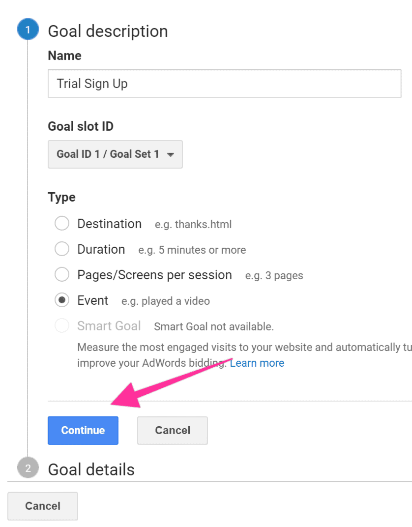 Selecting Event as the Goal type in Google Analytics
