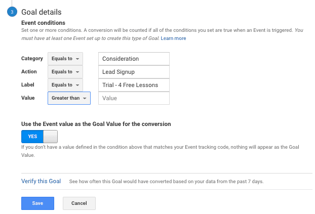 Goal details form with Category, Action, and Label fields