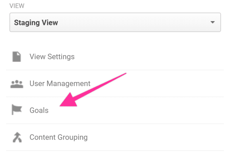 Google Analytics Admin panel showing the Goals option under the View column