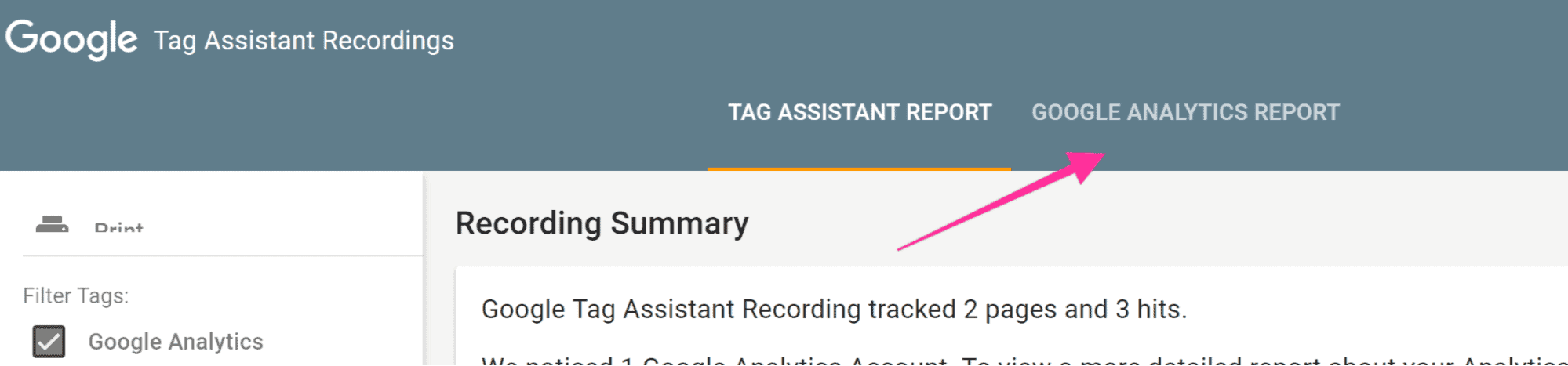 Selecting Google Analytics Report in Tag Assistant