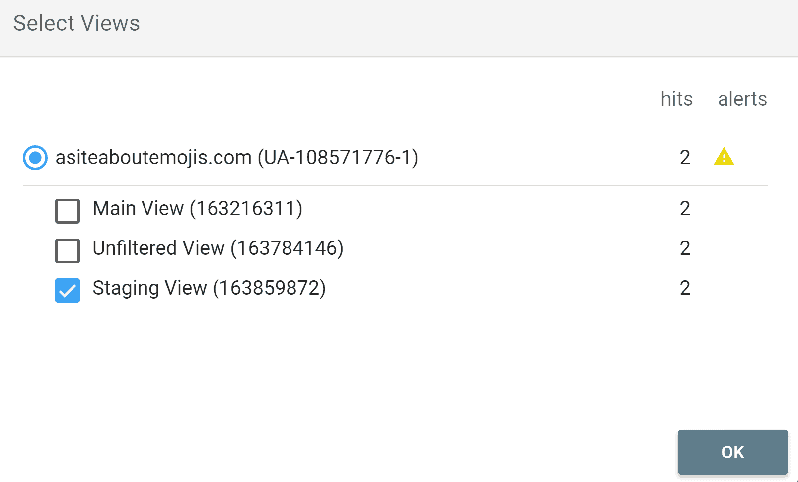 Selecting the Google Analytics view to test